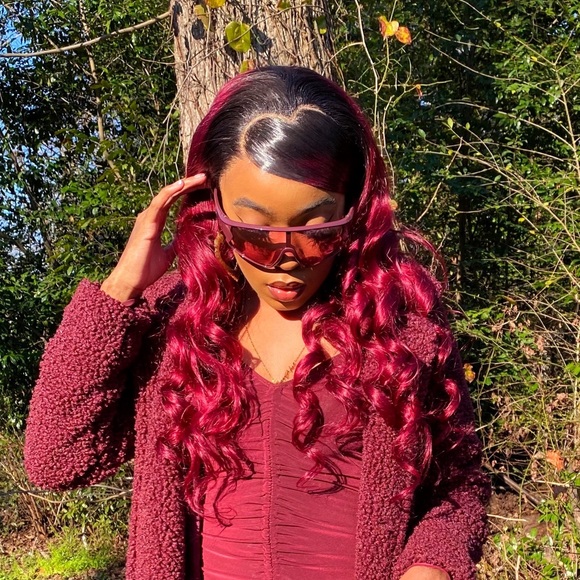 Burgundy Loose Wave 13x4 Lace Frontal Human Hair Wig w/ Black Roots - Picture 3 of 5